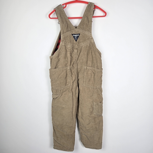 OshKosh B'gosh Kids 3T Overall Tan Corduroy Red Black Checkered Lined - Picture 4 of 6